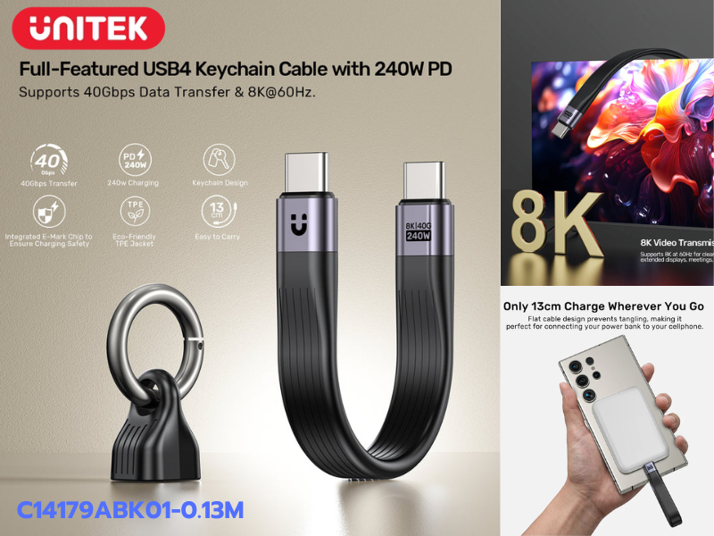 UNITEK Full-Featured USB4 Keychain Cable with 240W PD ต่อจอภาพได้