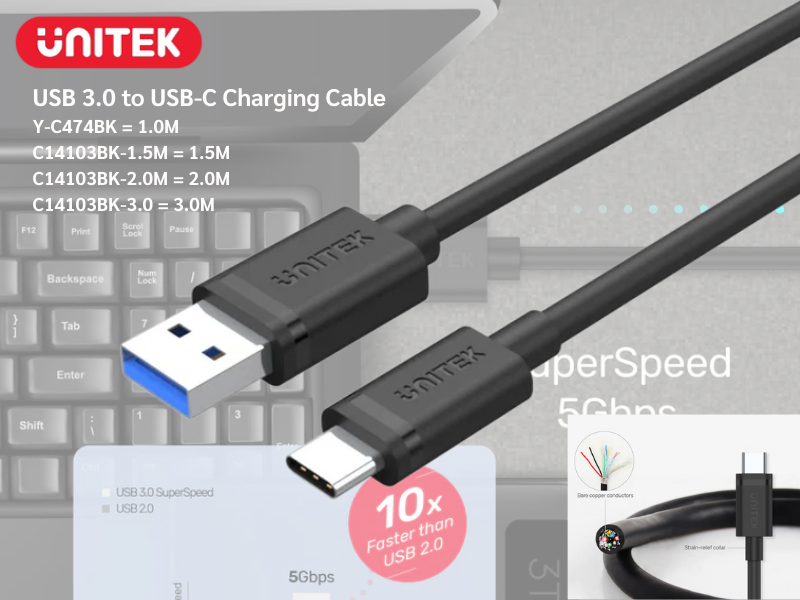 UNITEK Ultra-Fast USB 3.0 to USB-C Charging & Data Cable with Reversible Connector