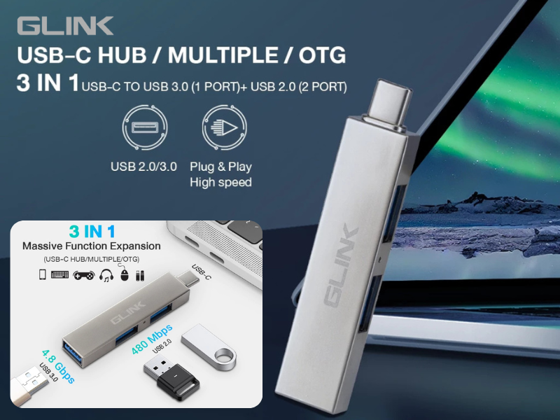 GLINK 3-in-1 USB-C HUB OTG | USB-C TO HUB plug and play iOS/Android/Windows/Mac