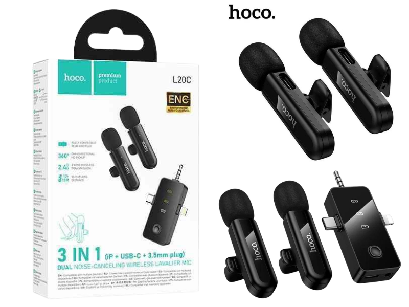 ไมโครโฟนไร้สายสำหรับไลฟ์สด HOCO L20C (3-in-1 Dual Wireless Lavalier Microphone)
