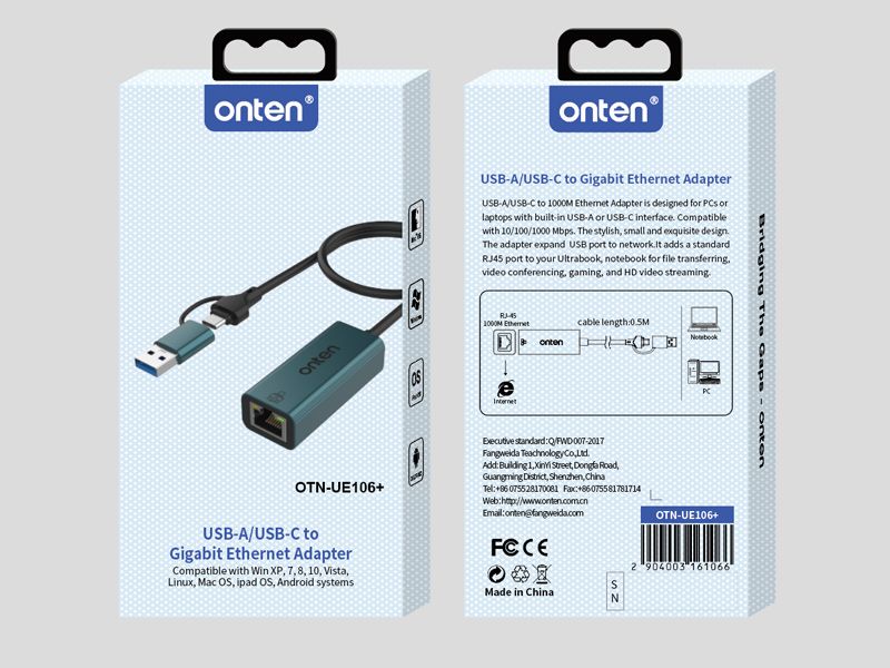 ONTEN ADAPTER USB TYPE-C/USB3.0 TO LAN RJ45 10/100/1000 Gigabit
