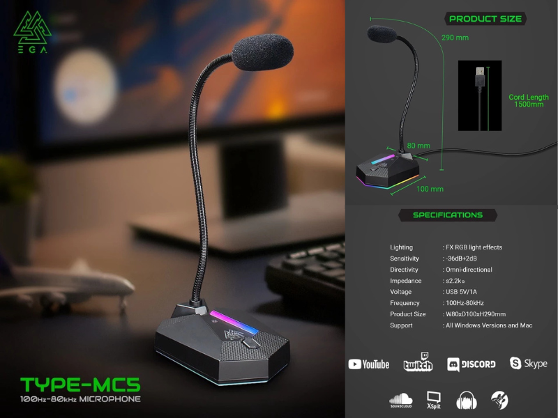 ไมค์คอม EGA type MC5 Microphone สาย USB 100Hz-80kHz ไมค์สำหรับคอมพิวเตอร์