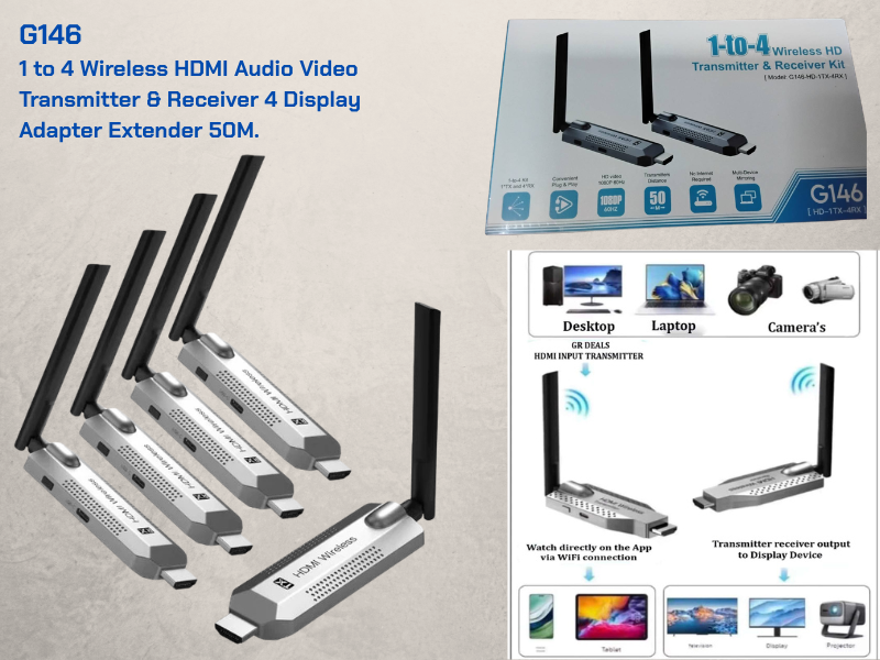 Wireless HDMI Audio Video Transmitter & Receiver 4 Display Adapter Extender 50M.