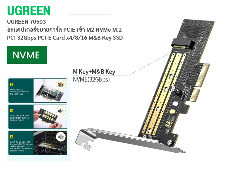 UGREEN Card PCI Express for SSD M.2 NVME การ์ดเพิ่มพอร์ตM.2
