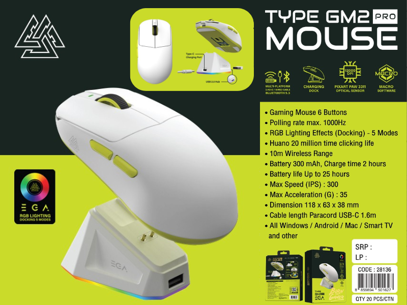 EGA GAMING MOUSE 6 Buttons RGB Lighting เม้าส์เกมส์เชื่อมต่อได้ 3แบบ