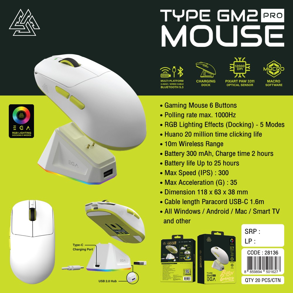 EGA GAMING MOUSE 6 Buttons RGB Lighting เม้าส์เกมส์เชื่อมต่อได้ 3แบบ