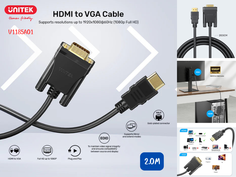 UNITEK สายแปลงสัญญาณจาก HDMI (ดิจิทัล) ไปเป็น VGA (อนาล็อก) 2.0เมตร