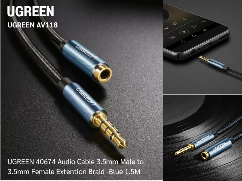 UGREEN Audio Cable 3.5mm Male to Female Extention Braid -Blue 1.5M