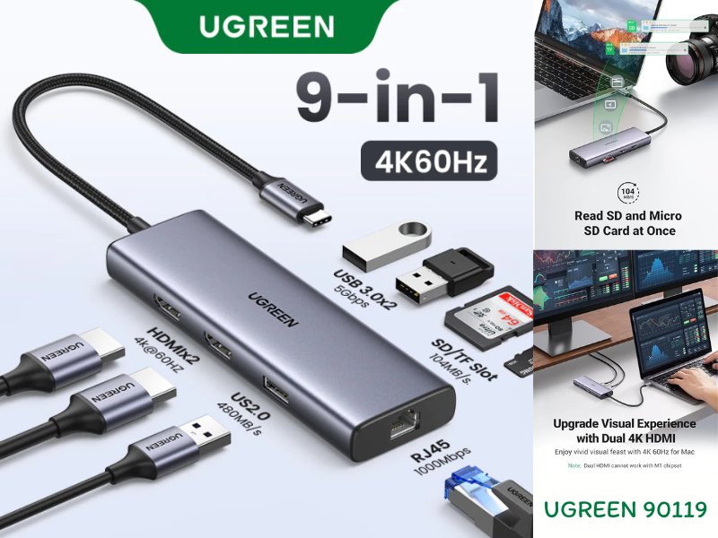 UGREEN USB-C 9-IN-1 3XUSB, 2XHDMI + RJ45, SD.TF + PD ADAPTER