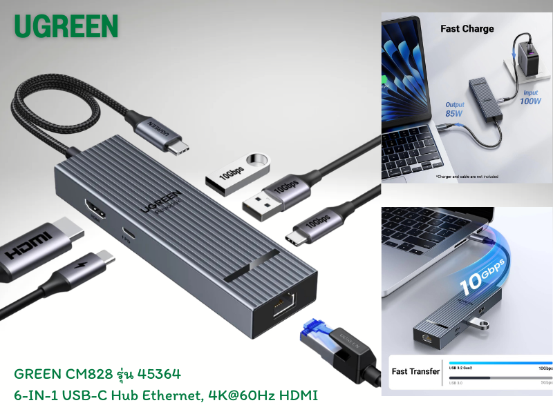 UGREEN CM828 USB-C 6-IN-1 Ethernet, 4K@60Hz HDMI Display Port