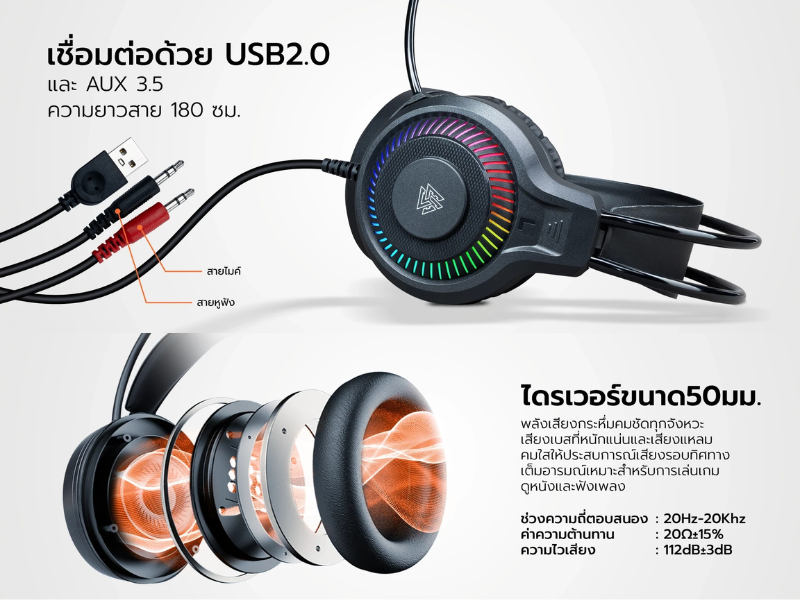 หูฟังเกมมิ่ง รุ่น H112 เสียงชัด ไฟRGB เท่สะดุดตา เชื่อมต่อทั้ง 3.5 มม. และ USB2.0