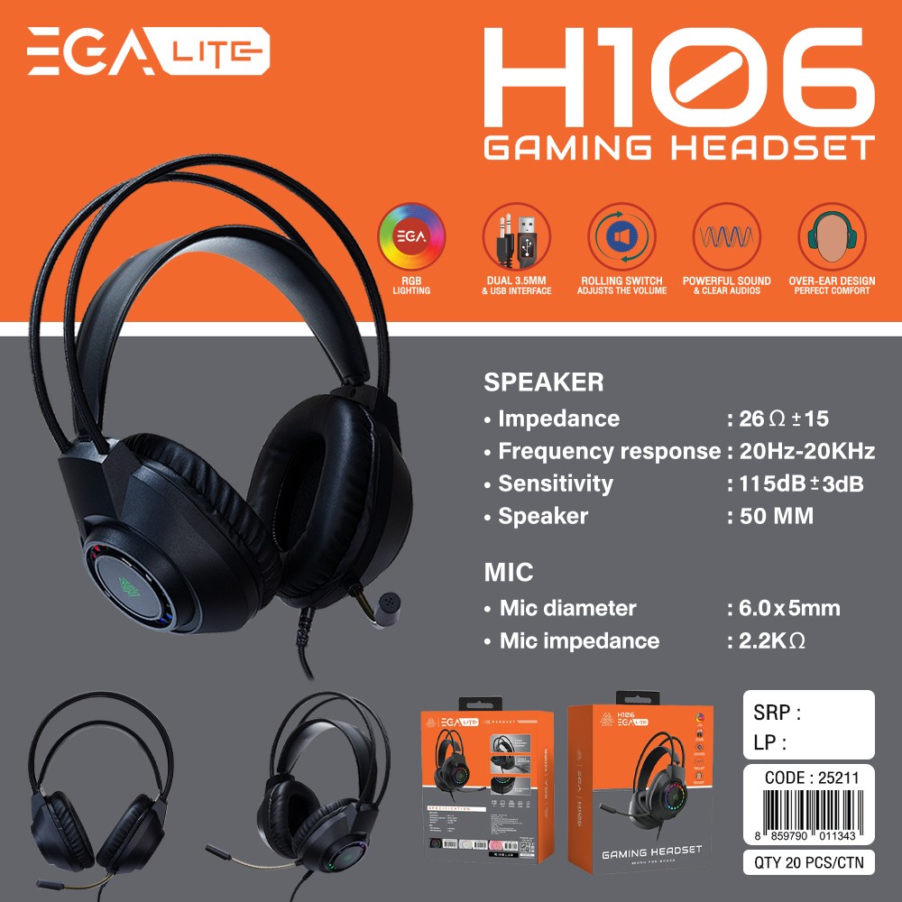 EGA H106 หูฟังเกมมิ่ง เชื่อมต่อผ่านสาย USB + 2 Jack 3.5mm