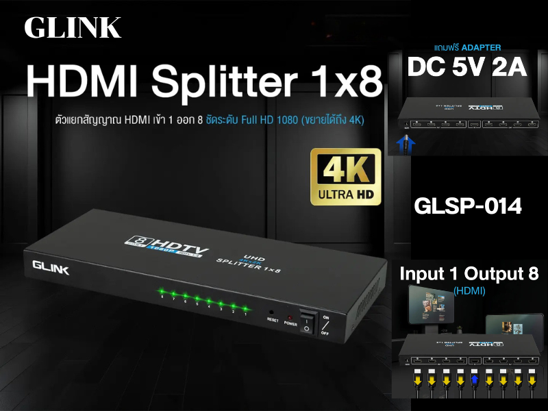 GLINK ตัวแยกสัญญาณ HDMI เข้า 1 ออก 8 รุ่น GLSP-014