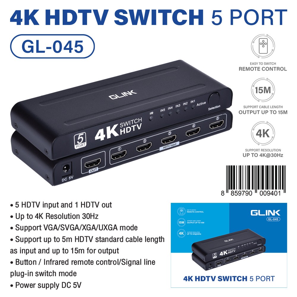 GLINK HDTV SWITEH 5 IN-1 OUT 4K 30Hz อุปกรณ์สลับสัญญาณภาพ