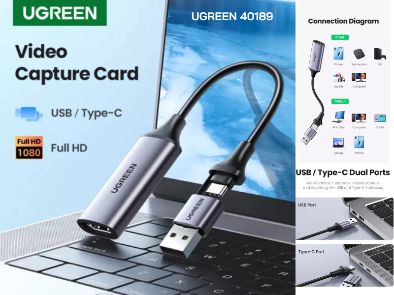 UGREEN รุ่น 40189 Video Capture Card 4K HDMI to USB-A/USB-C