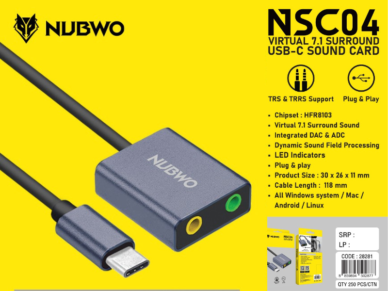 NUBWO NSC04 VIRTUAL 7.1 SURROUND USB-C SOUND CARD