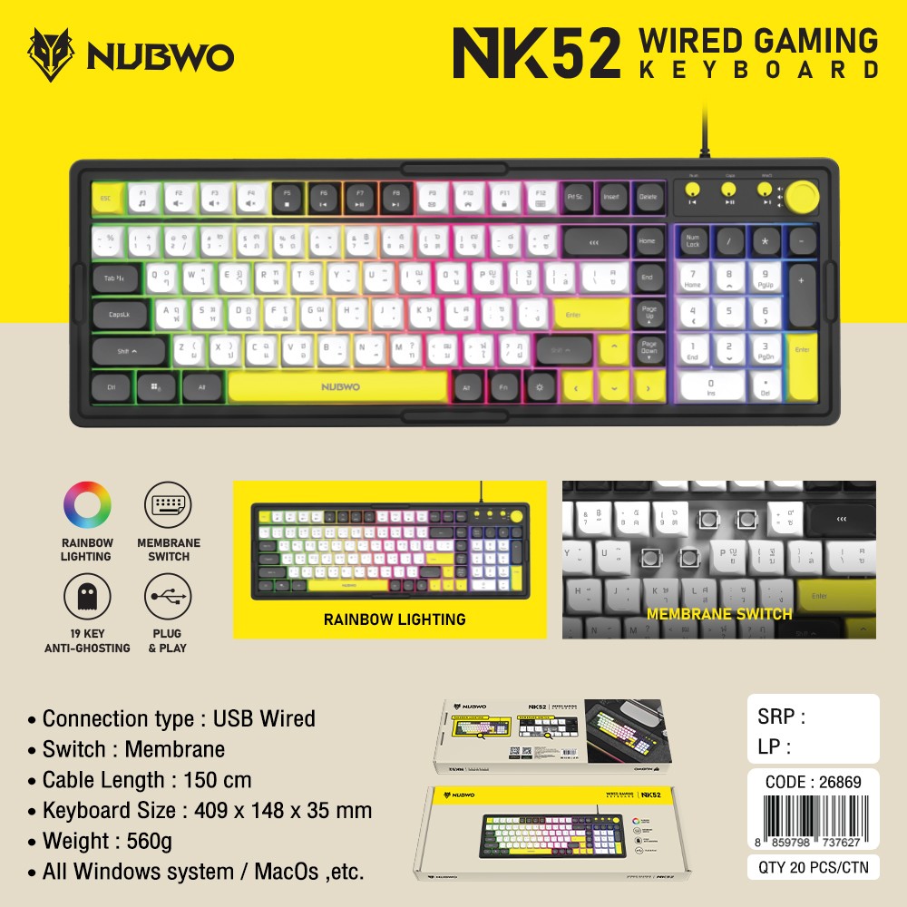 NUBWO Gaming Keyboard Membrane Switch 101 Keys Rainbow LIGHTING