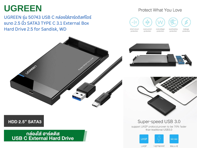 UGREEN กล่องใส่ HDD/SSD 2.5 นิ้ว รองรับ HDD และ SSD แบบ SATA I/II/III