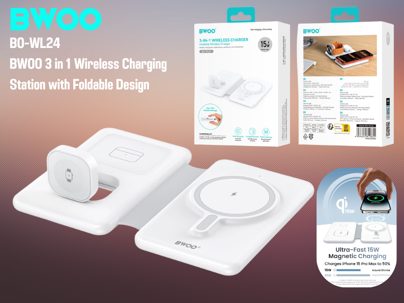 BWOO 3 in 1 Wireless Charging Station with Foldable Design