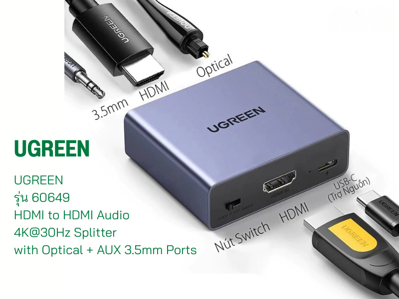 UGREEN รุ่น 60649 HDMI to HDMI Audio 4K@30Hz Splitter