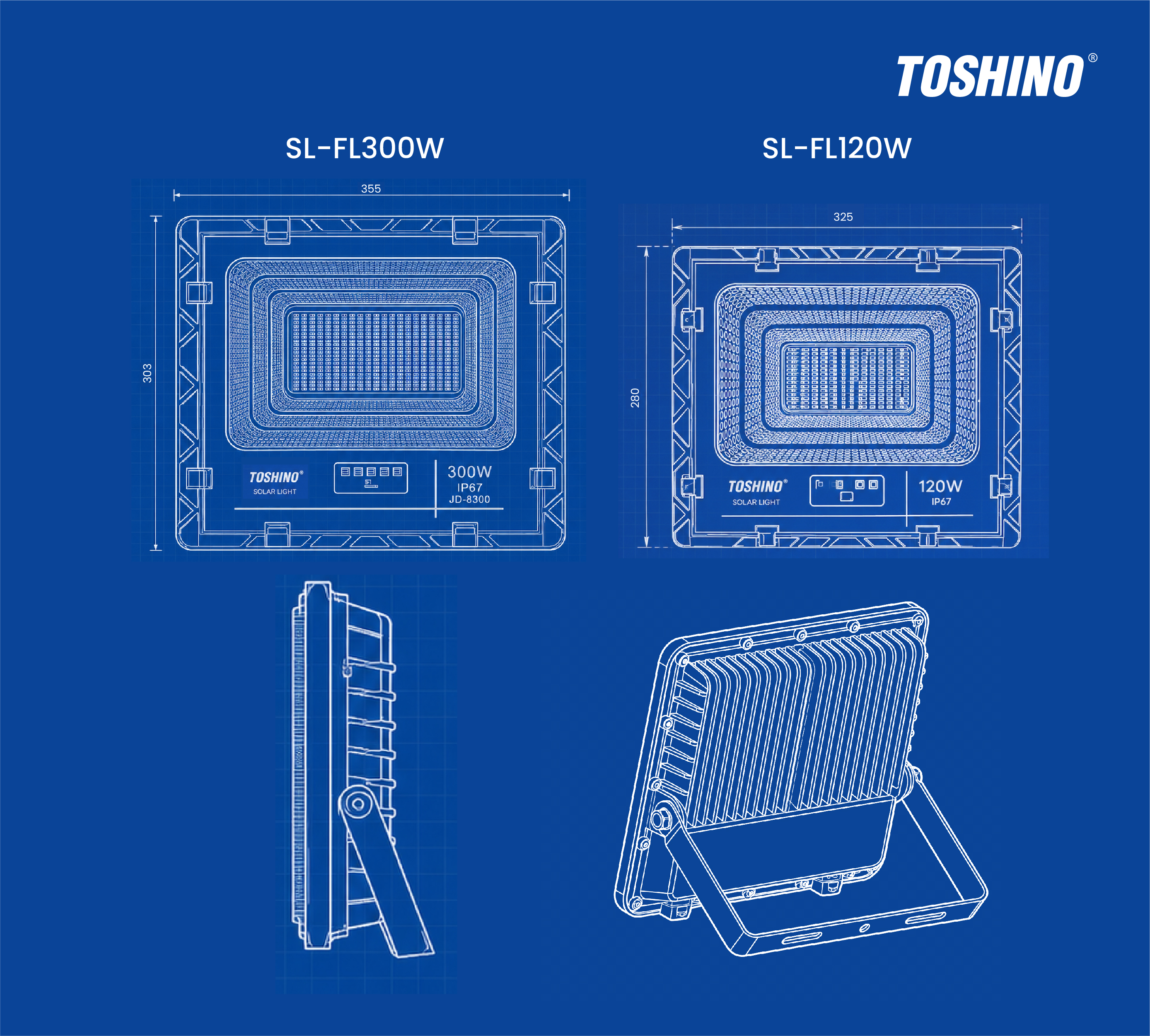TOSHINO รุ่น SL-FL300W ไฟโซล่าเซลล์สำหรับพื้นที่ลานกว้าง 300W