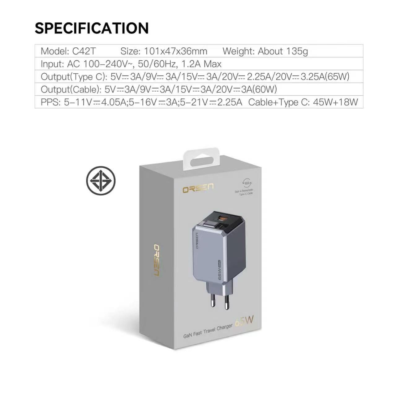 Orsen by Eloop C42T GaN Charger 65W หัวชาร์จ PD QC PPS Type C ชาร์จเร็ว