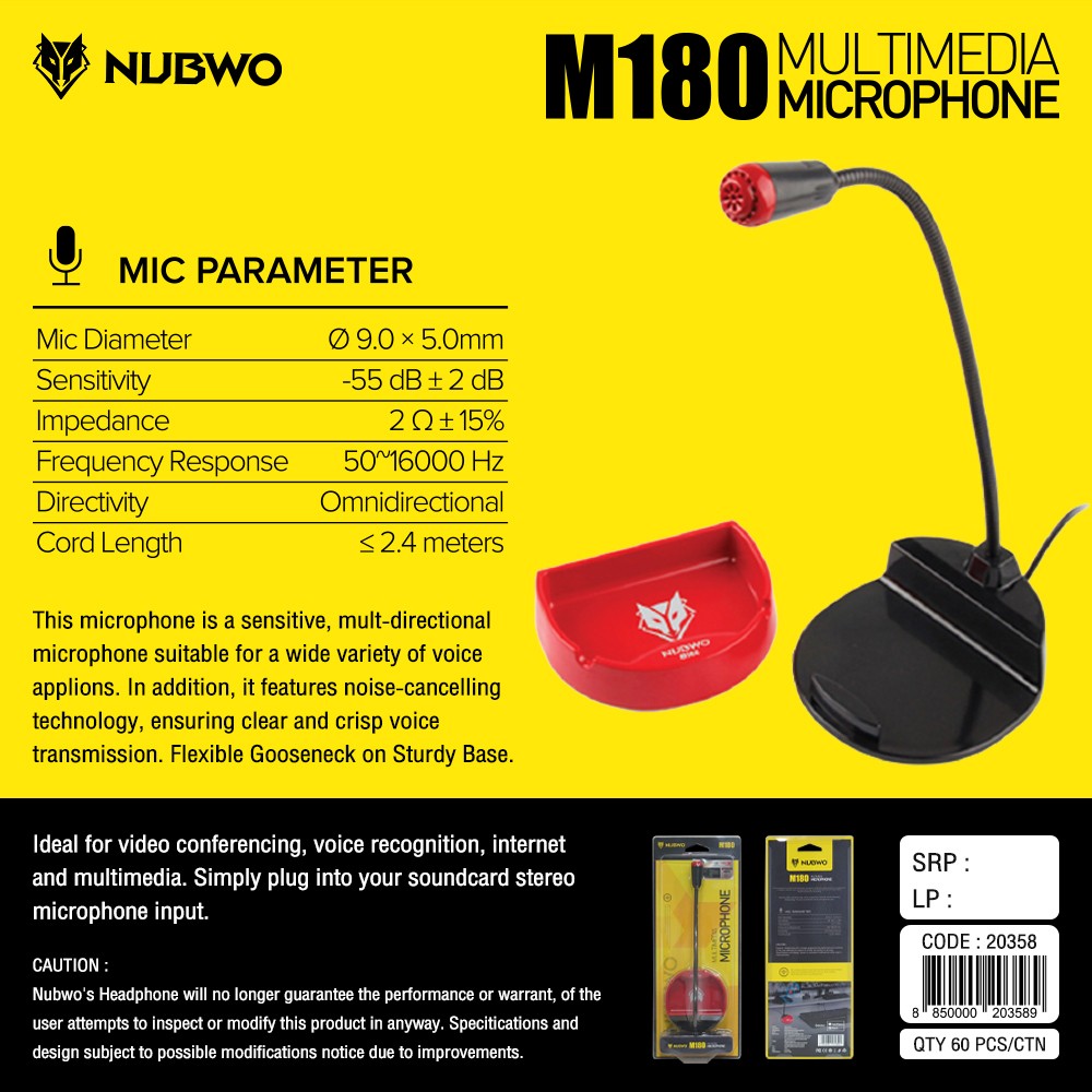 ไมโครโฟน NUBWO M180 Multimedia Microphone jack 3.5mm.