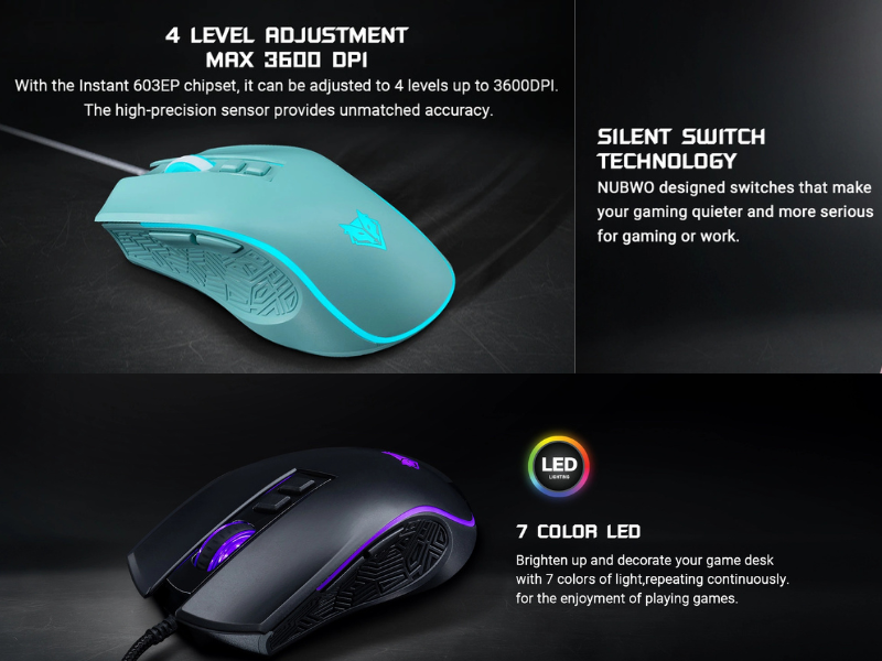 NUBWO Gaming Mouse ปรับ DPI ได้สูงสุด 3600 มี 7 ปุ่มปรับสีไฟได้