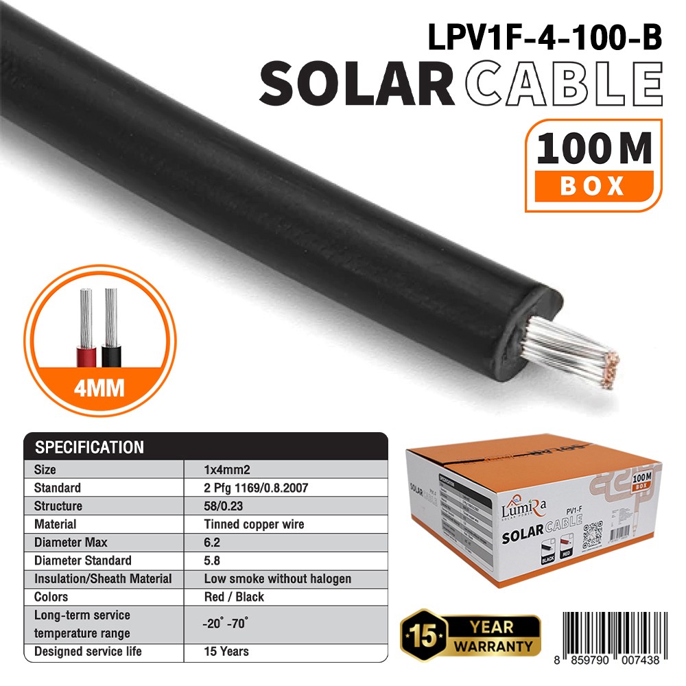 LUMIRA สายไฟโซล่าเซลล์ 1x4MM² สายยาว 100เมตร สีแดง