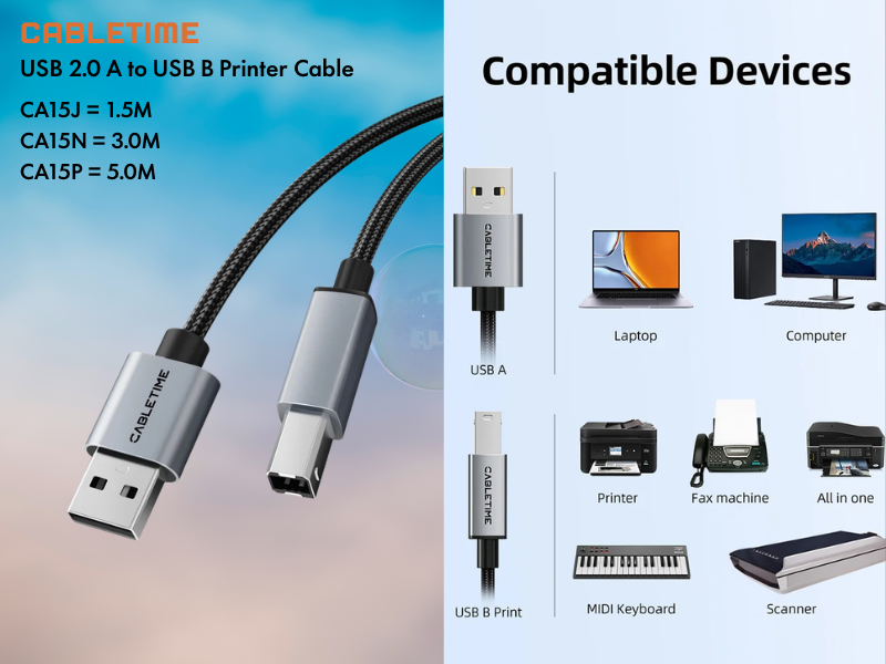 CableTime USB 2.0 USB-A TO USB-B Printer Cable ยาว 3.0เมตร