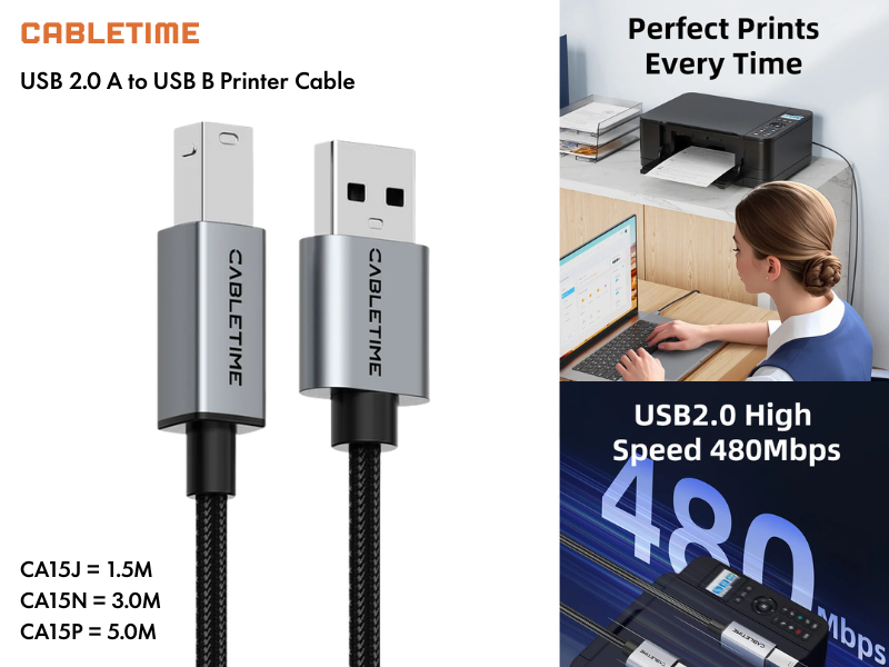 CableTime USB 2.0 USB-A TO USB-B Printer Cable ยาว 3.0เมตร
