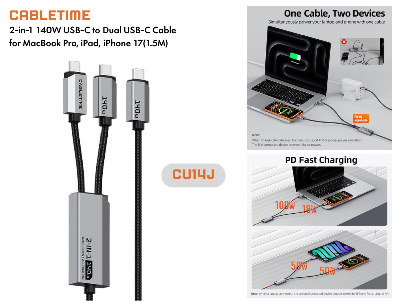 CableTime Adapter USB-C to Dual USB-C รองรับกำลังชาร์จสูงสุด 140W
