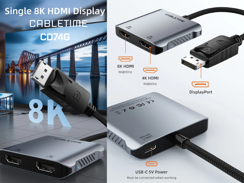 CABLETIME DisplayPort to Dual HDMI Adapter รุ่น CB74G