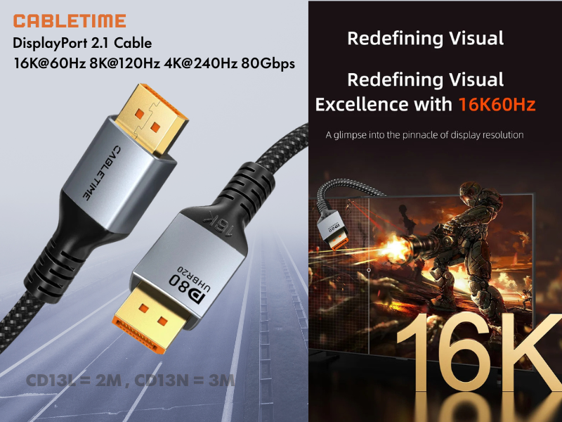 CABLETIME DisplayPort V2.1 Cable 8K@120Hz สายยาว 3เมตร