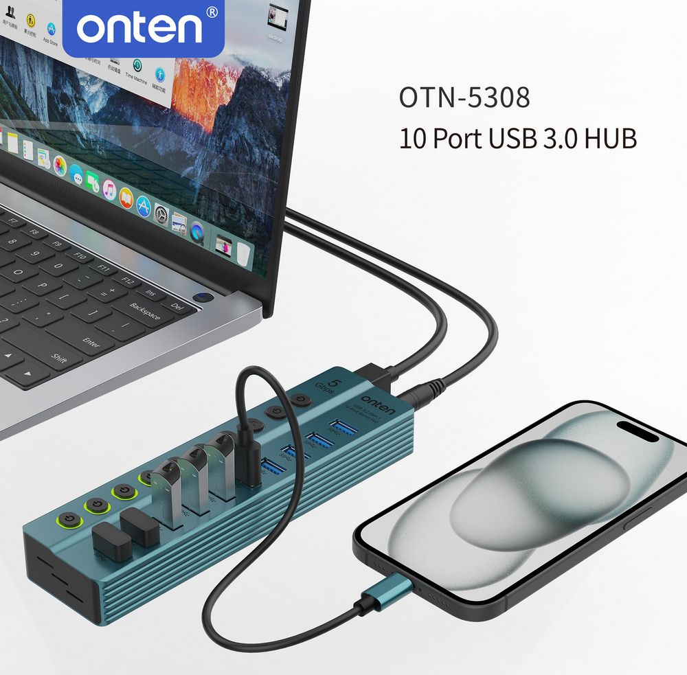 ONTEN USB3.2 GEN 1 HUB 10 PORT with AC Adapter