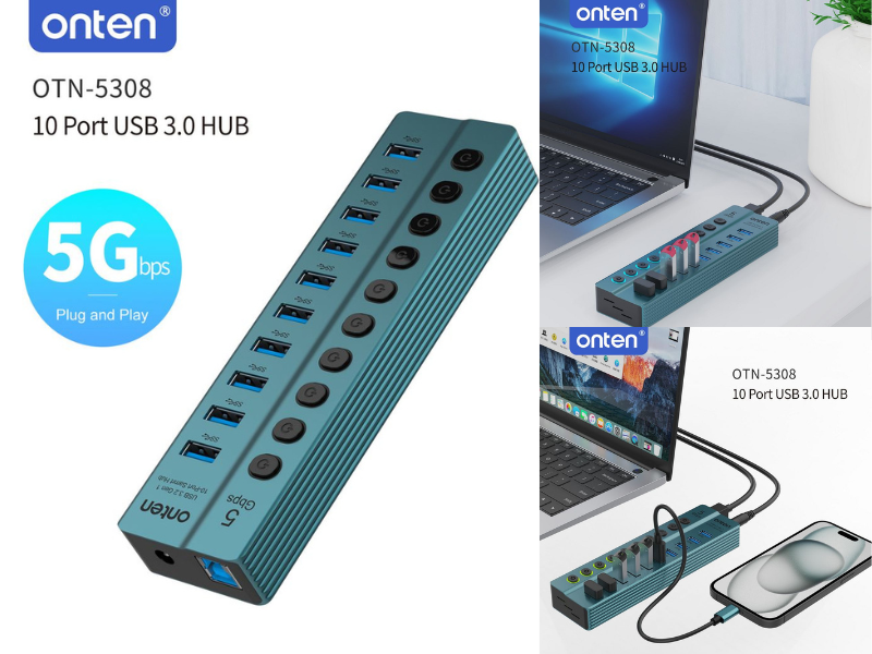 ONTEN USB3.2 GEN 1 HUB 10 PORT with AC Adapter