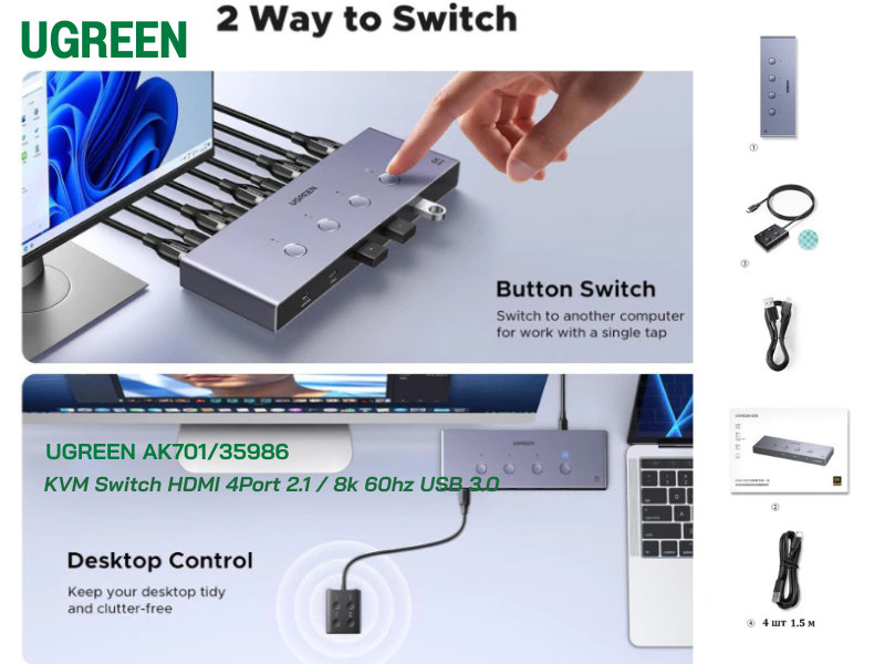 UGREEN AK701 KVM Switch HDMI 4Port 2.1 / 8k 60hz USB3.0