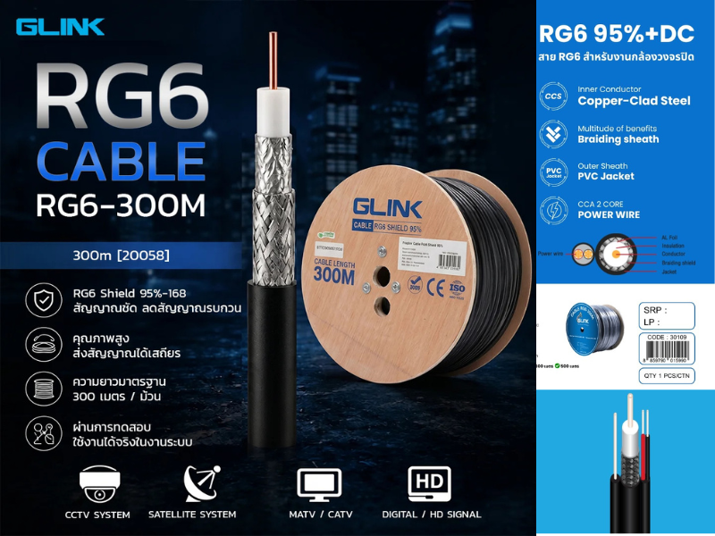 GLINK สาย RG6 Shield 95% +DC สำหรับกล้องวงจรปิด 300เมตร