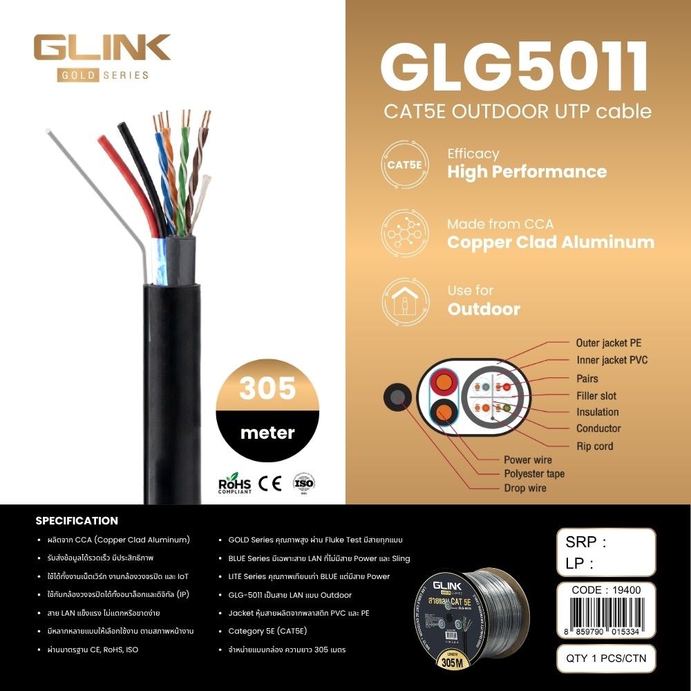 GLINK LAN CAT5E GOLD Series สายยาว 305เมตร รุ่น GLG5011