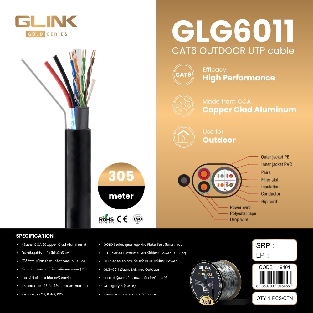 GLINK LAN CAT6 Outdoor GOLD Series มี Sling (Drop Wire) และ Power