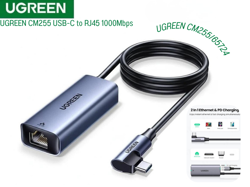 UGREEN CM255 USB-C to LAN RJ45 Adapter แบบหัวงอ 90องศา