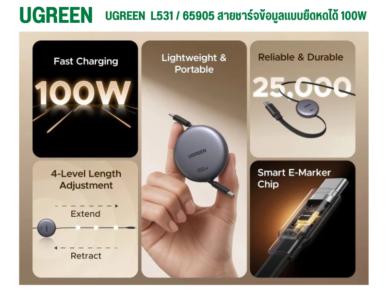 UGREEN L531 รุ่น 65905 สายชาร์จ USB-C แบบเก็บสายได้ 100W