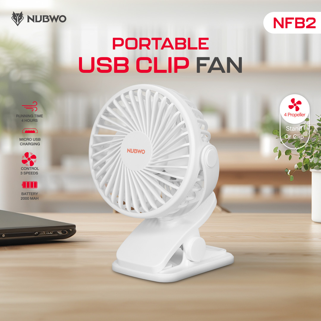 NUBWO พัดลมพับได้ แบบหนีบ มีแบตเตอรี่ในตัวความจุถึง 2000 mAh รุ่น NFB2