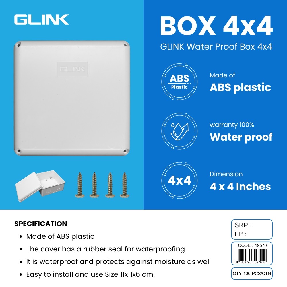 GLINK กล่องพักสายไฟกันน้ำ พลาสติก ABS แข็งแรง ขนาด 4 x 4 นิ้ว