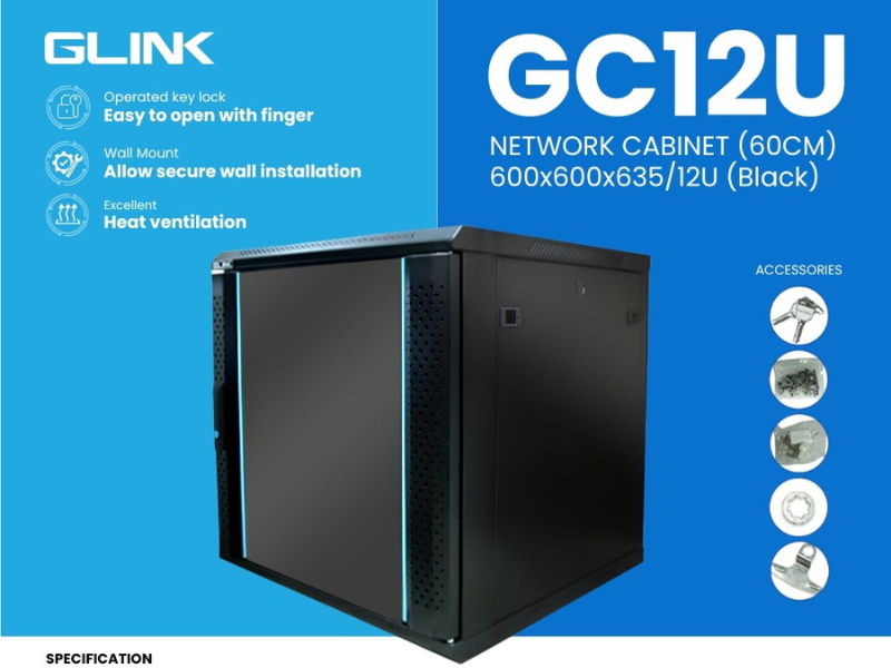 GLINK ตู้แร็คพร้อมถาด แบบตั้งพื้น 12U ลึก 60 ซม. รุ่น GC12U60