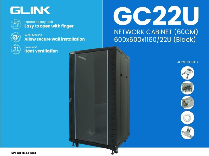 GLINK ตู้แร็คพร้อมถาด แบบตั้งพื้น 22U ลึก 60 ซม. รุ่น GC22U60
