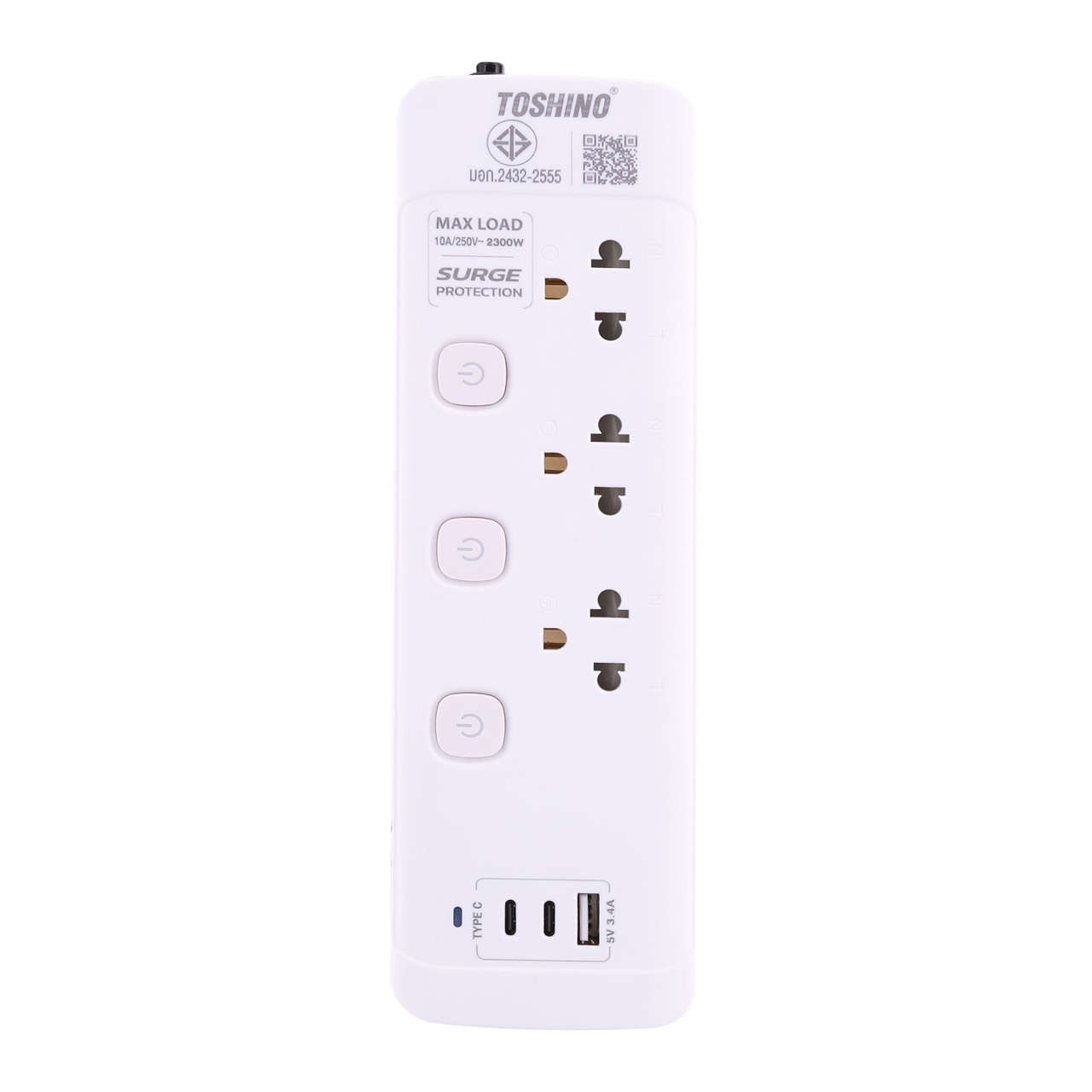 โตชิโน ปลั๊กจ่ายไฟ 3ช่องเสียบ 3สวิทซ์ 1พอร์ตUSB-A 2พอร์ตUSB-C