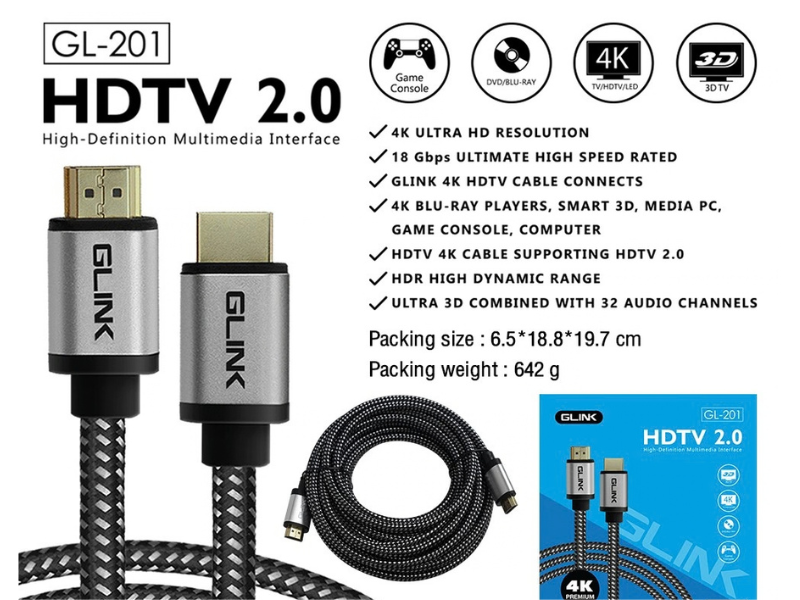 GLINK รุ่นGL-201 HDMI V2.0 CABLE 4K@60Hz. สายยาว 1.8เมตร