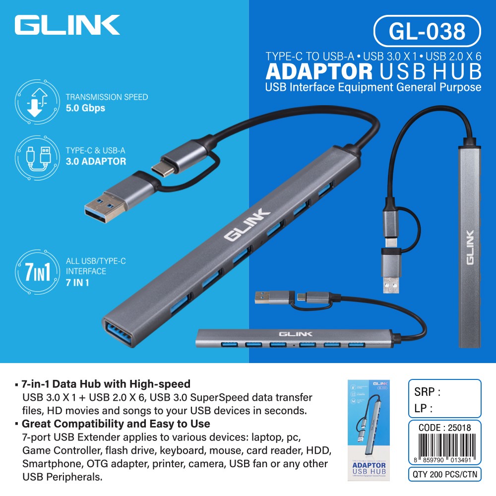 Hub 7in1 Type-C to USB GL038 - Glink USB Hub TYpe-C
