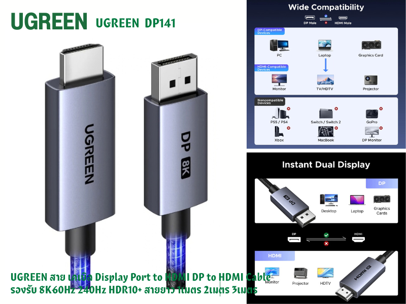 UGREEN รุ่น DP141 DisplayPort to HDMI Cable 8K@60Hz. 2.0M